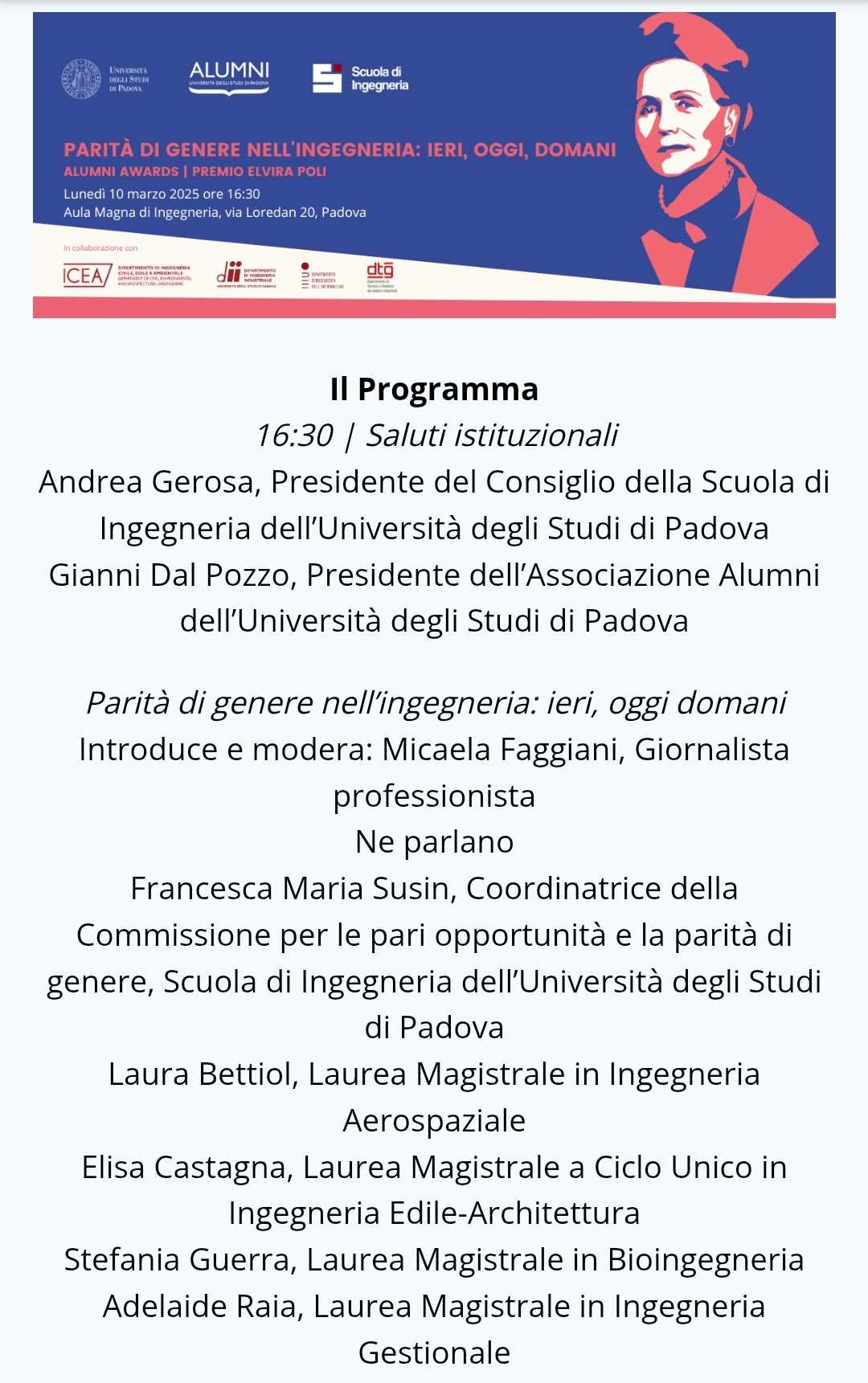 UNIVERSITÀ DI PADOVA,  PREMIO  ELVIRA POLI.  EVENTO  “PARITÀ DI GENERE NELL’ INGEGNERIA:  IERI, OGGI, DOMANI”   [10 MARZO 2025]