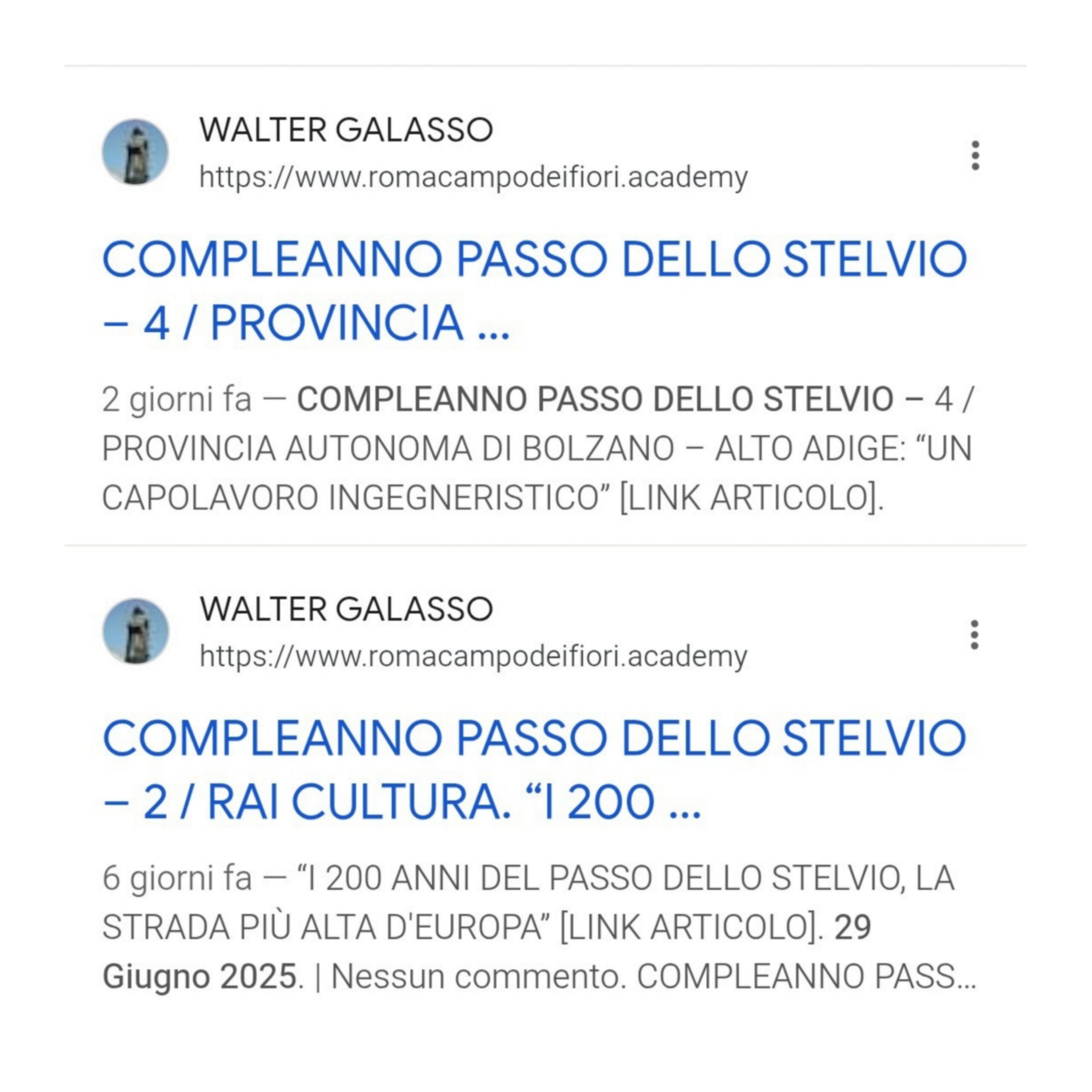 FRA I RISULTATI DELLA QUERY “COMPLEANNO PASSO DELLO STELVIO” COMPAIONO SU  GOOGLE  DUE ARTICOLI DI QUESTO SITO, ENTRAMBI NELLA TOP TEN DELLA SERP   [RICERCA IN DATA  05/07/2025]