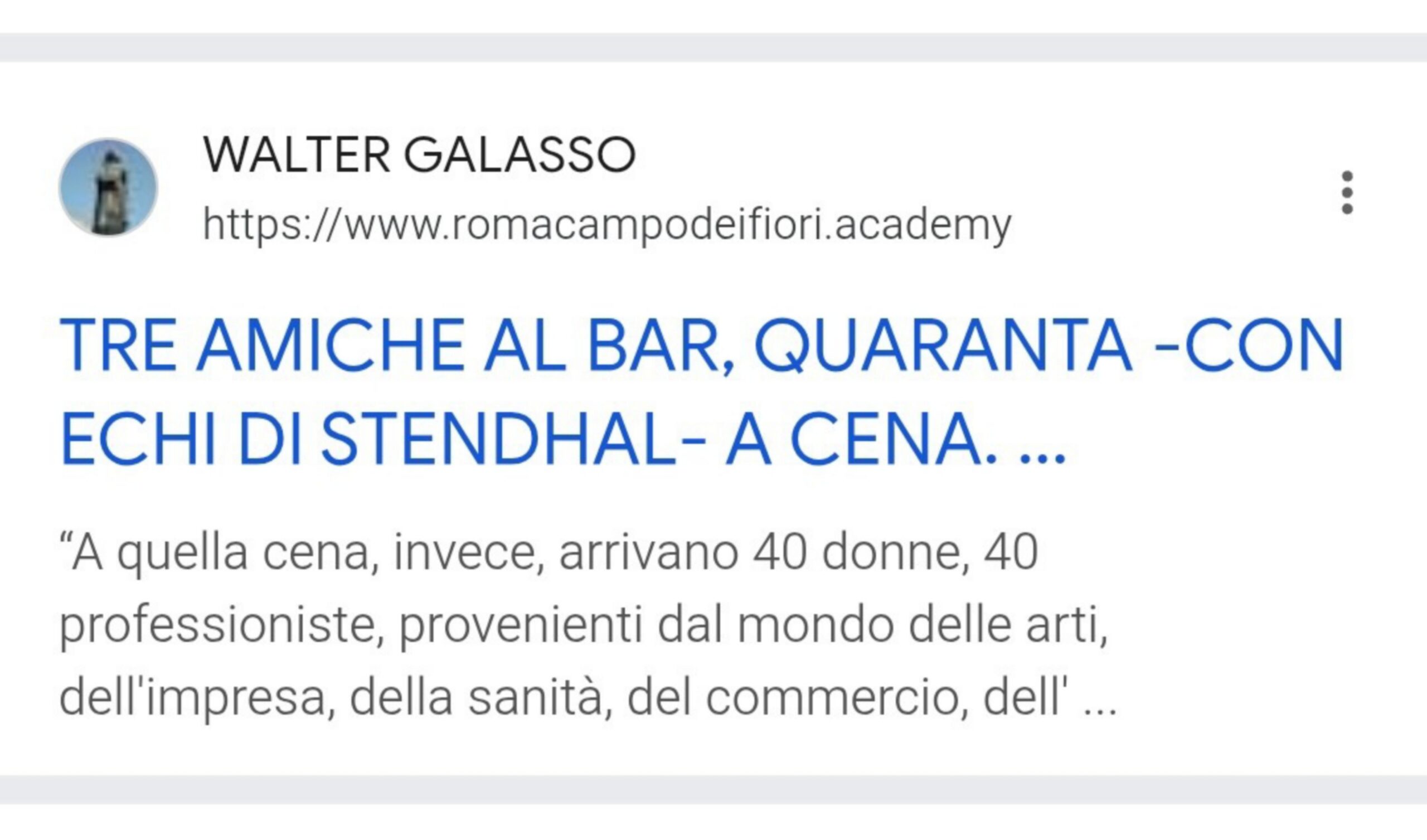 romacampodeifiori.academy:  IN EVIDENZA SU  GOOGLE   ANCHE UN MIO ARTICOLO SU UN’ ASSOCIAZIONE INERENTE AL FEMMINISMO, POCO DOPO LA PUBBLICAZIONE.  NE SONO ONORATO