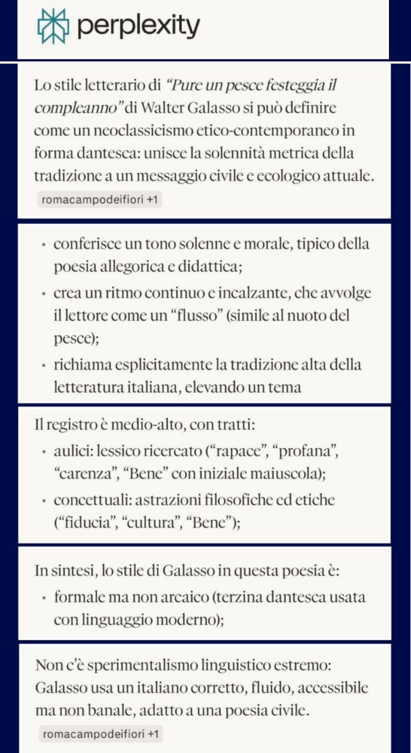 “PURE UN PESCE FESTEGGIA…” SU PERPLEXITY: “RICHIAMA LA TRADIZIONE ALTA DELLA LETTERATURA ITALIANA”
