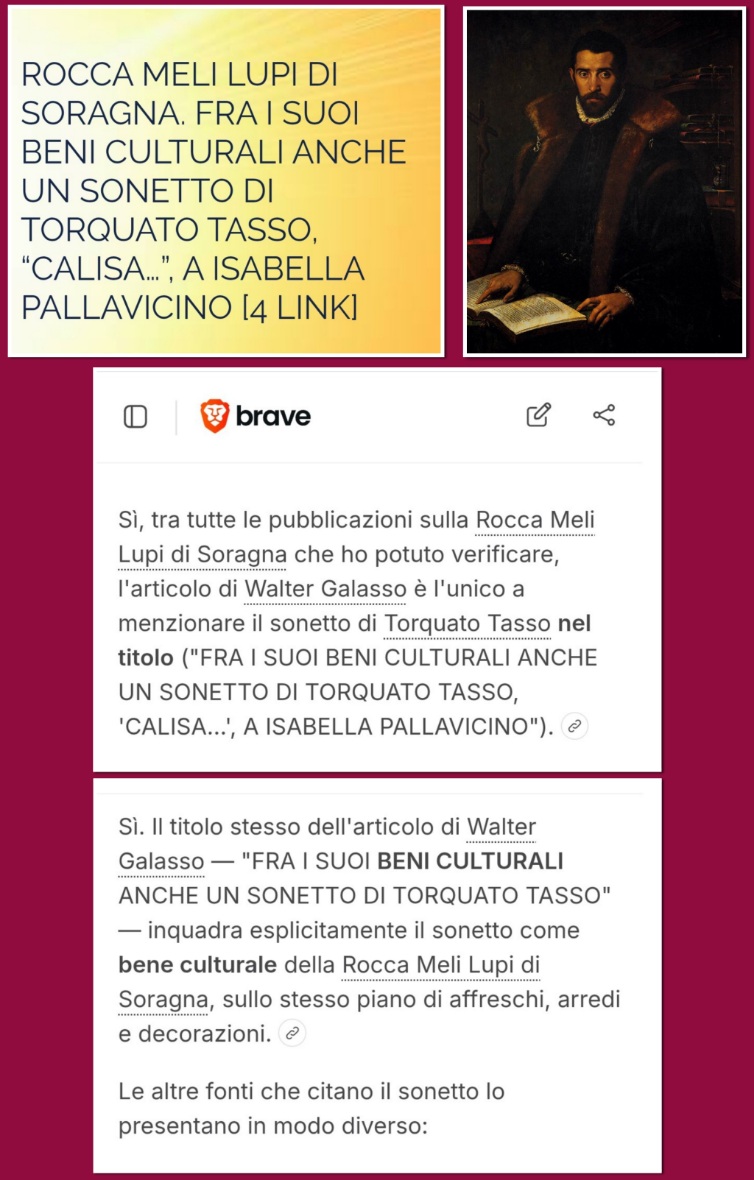 “ROCCA MELI LUPI DI SORAGNA. FRA I SUOI BENI CULTURALI ANCHE UN SONETTO DI TORQUATO TASSO, “CALISA…”, A ISABELLA PALLAVICINO”  SU BRAVE