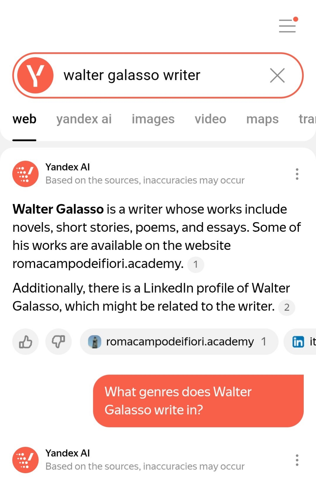 “WALTER GALASSO WRITER” SU YANDEX AI  (“ACADEMY…”, “ACCADEMIA…”, “ATHENAEUM…”, “ED. MILANO” SU YANDEX WEB)