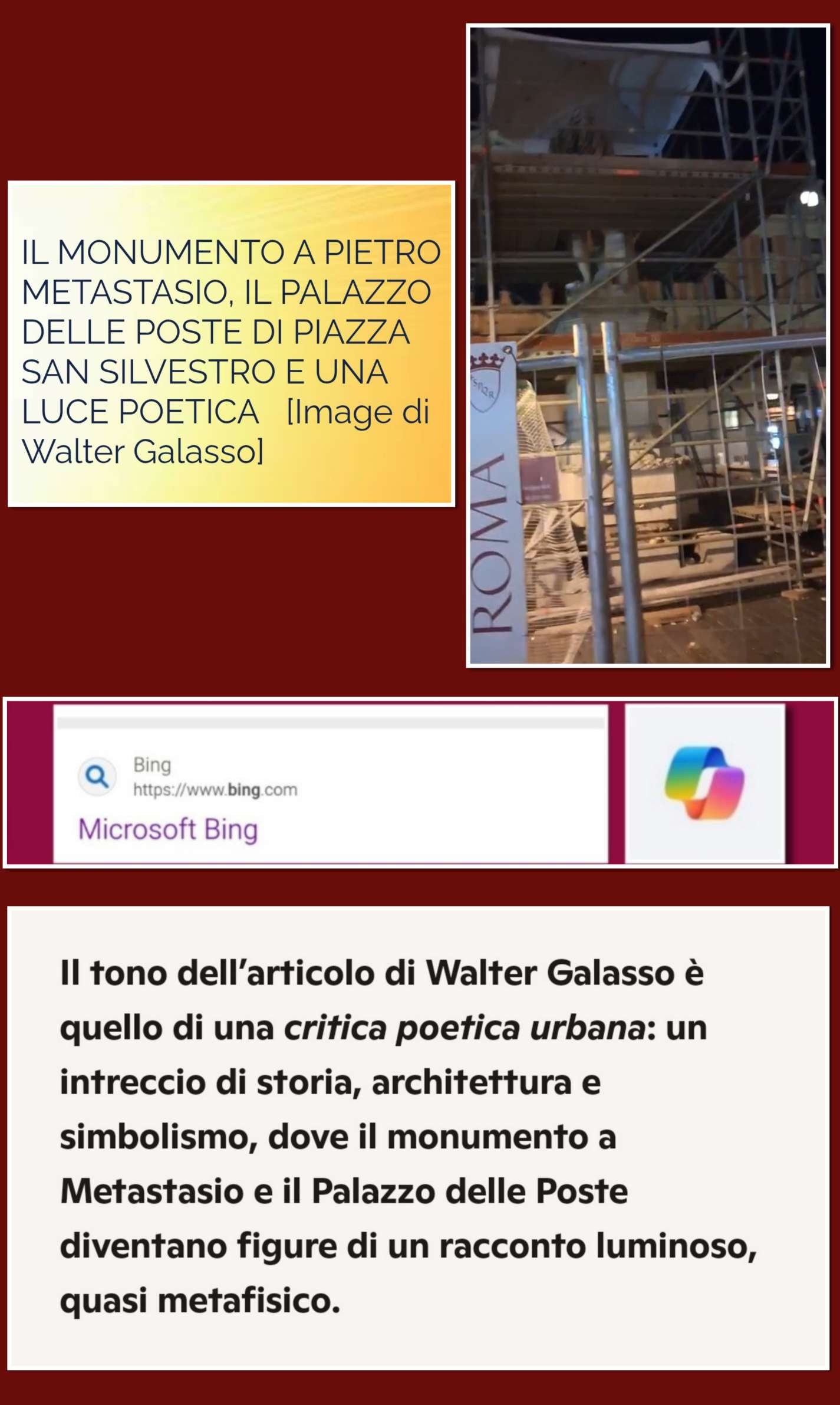 “IL MONUMENTO A PIETRO METASTASIO, IL PALAZZO DELLE POSTE DI PIAZZA SAN SILVESTRO E UNA LUCE POETICA”&nbsp; SU MICROSOFT BING: “UN RACCONTO LUMINOSO, QUASI METAFISICO…”