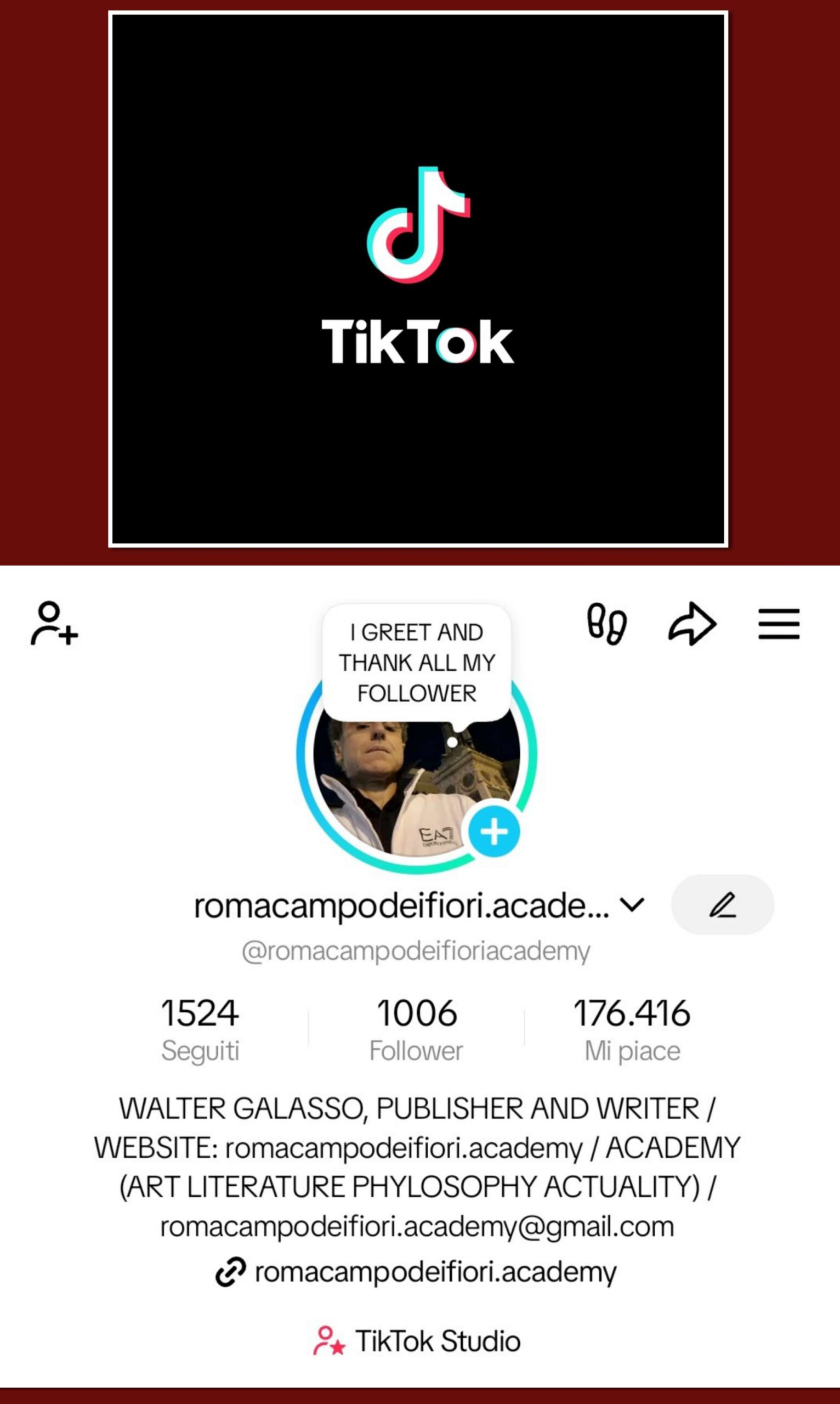 ACCOUNT TIKTOK  romacampodeifiori.academy.  SALUTO E RINGRAZIO I FOLLOWER, PIÙ DI 1.000 (176.416 MI PIACE)